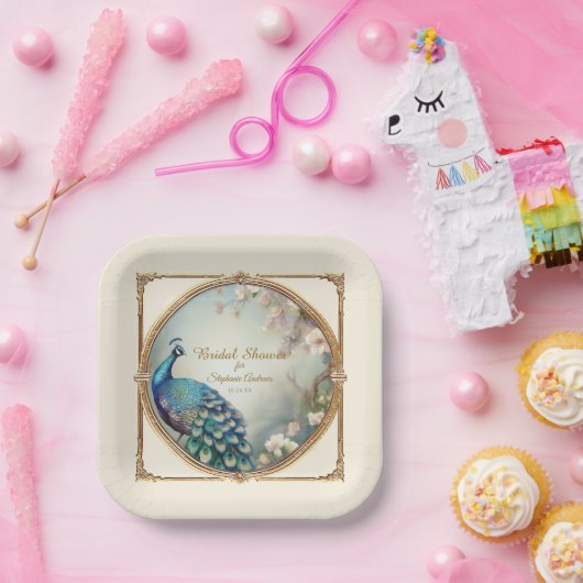 Art Deco Pauw Veren Elegante Bloemboom Papieren Bordje (Feest)