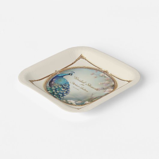 Art Deco Pauw Veren Elegante Bloemboom Papieren Bordje (Gebogen)