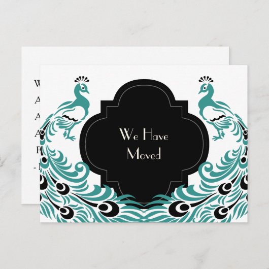 Art Deco Pauw Zwart en Blauw Adreswijziging Aankondigingskaart (Voorkant / Achterkant)