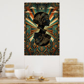 Art Deco Pauwveer Danser Goud Teal Poster (Keuken)