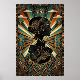Art Deco Pauwveer Danser Goud Teal Poster