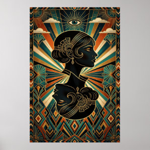 Art Deco Pauwveer Danser Goud Teal Poster
