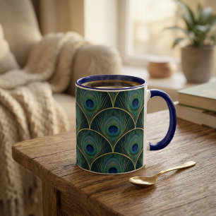 Art Deco Pauwveer Geometrisch Patroon Tweekleurige Koffiemok