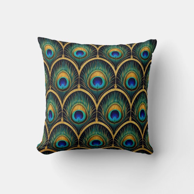 Art Deco Pauwveer Patroon Worp Kussen (Voorkant)