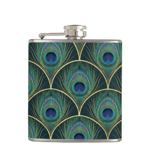 Art Deco Pauwveerpatroon in Turkoois en Goud Heupfles