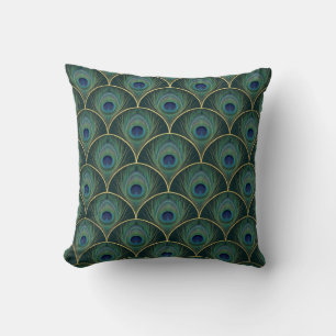 Art Deco Pauwveerpatroon in Turkoois en Goud Kussen