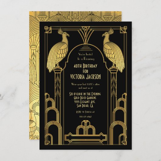 Art Deco Peacock Birthday Party Gold en Black Kaart (Voorkant / Achterkant)