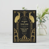 Art Deco Peacock Birthday Party Gold en Black Kaart (Staand voorkant)
