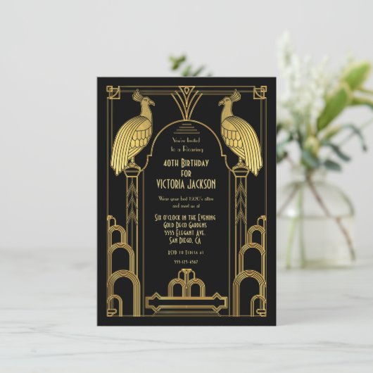 Art Deco Peacock Birthday Party Gold en Black Kaart (Staand voorkant)