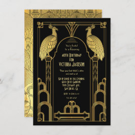 Art Deco Peacock Birthday Party Gold en Black Kaart