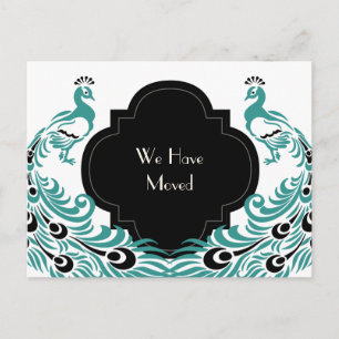 Art Deco Peacock Black en Blue Change of Address Aankondigingskaart