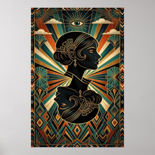 Art Deco Peacock Feather Dancer Gold Teal Poster (Voorkant)