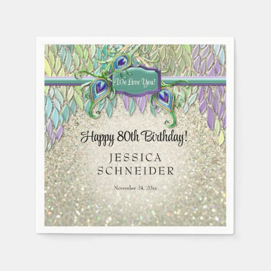 Art Deco Peacock Feather Elke Verjaardagsfeestje G Servet (Voorkant)