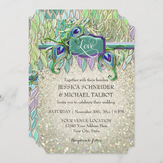 Art Deco Peacock Feather Glitter Movie Ticket Kaart (Voorkant / Achterkant)