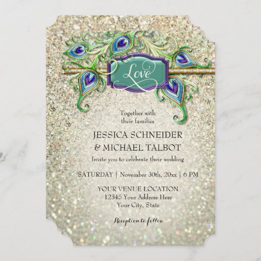 Art Deco Peacock Feather Glitter Movie Ticket Kaart (Voorkant / Achterkant)