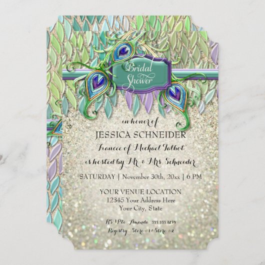 Art Deco Peacock Feather Glitter Vrijgezellenfeest Kaart (Voorkant / Achterkant)