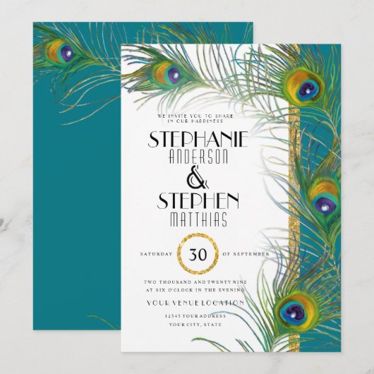 Art Deco Peacock Feathers Gold Glitter Typografie Kaart (Voorkant / Achterkant)