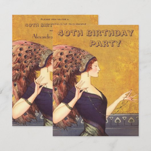 Art Deco Peacock Flapper 40th Birthday Party Kaart (Voorkant / Achterkant)