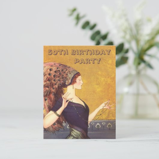 Art Deco Peacock Flapper 50th Birthday Party Kaart (Staand voorkant)