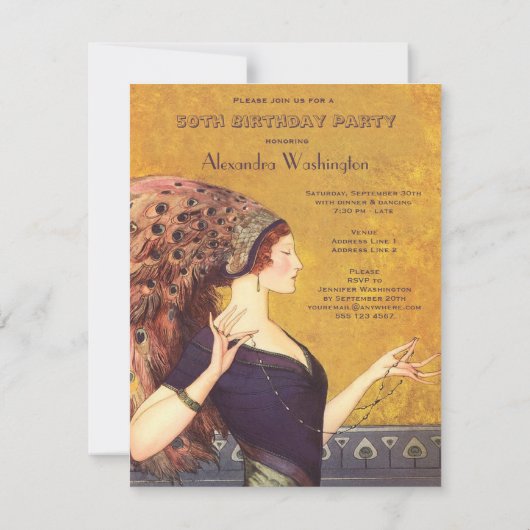 Art Deco Peacock Flapper 50th Birthday Party Kaart (Achterkant)