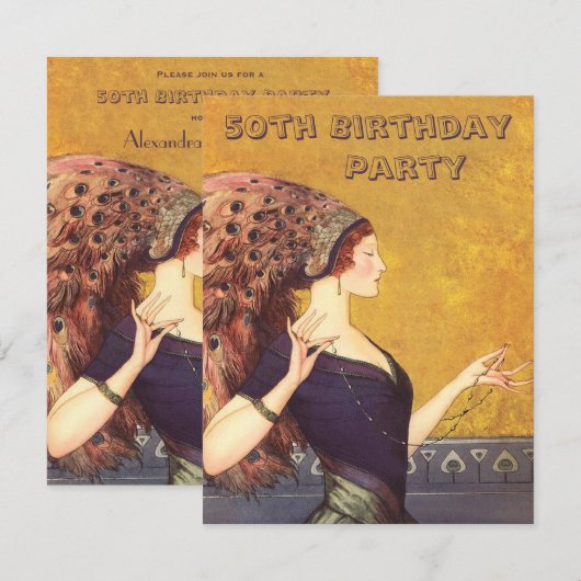 Art Deco Peacock Flapper 50th Birthday Party Kaart (Voorkant / Achterkant)