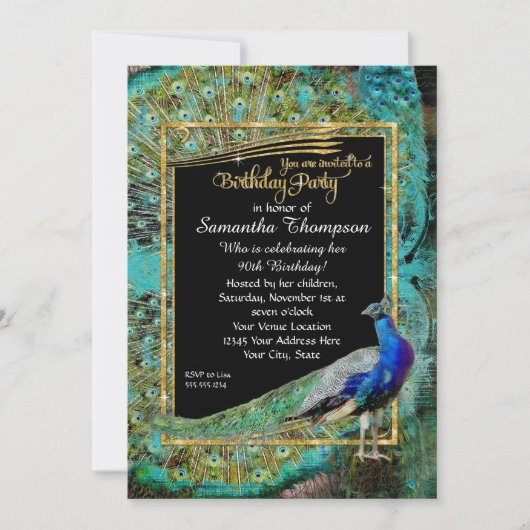 Art Deco Peacock Glam Old Hollywood Birthday Party Kaart (Voorkant)