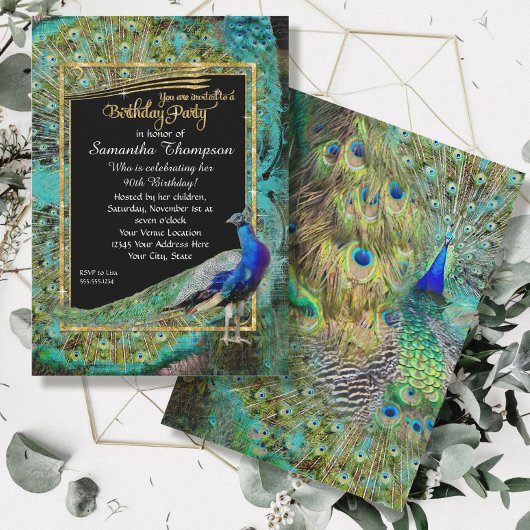 Art Deco Peacock Glam Old Hollywood Birthday Party Kaart