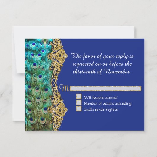 Art Deco Peacock Glam Old Hollywood Blue RSVP Kaartje (Voorkant)
