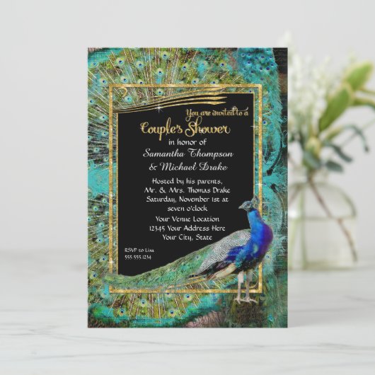Art Deco Peacock Glam Old Hollywood Couples Shower Kaart (Staand voorkant)