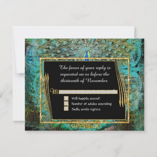 Art Deco Peacock Glam Old Hollywood Regency RSVP Kaartje (Voorkant)