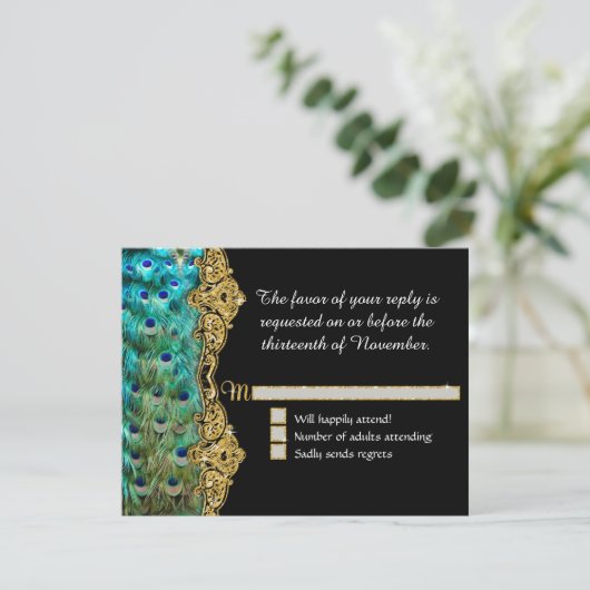 Art Deco Peacock Glam Old Hollywood RSVP Response (Staand voorkant)