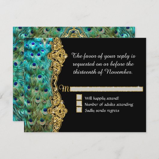 Art Deco Peacock Glam Old Hollywood RSVP Response (Voorkant / Achterkant)