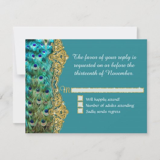 Art Deco Peacock Glam Old Hollywood Wedding RSVP (Voorkant)