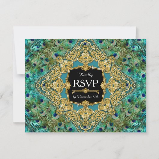 Art Deco Peacock Glam Old Hollywood Wedding RSVP (Achterkant)