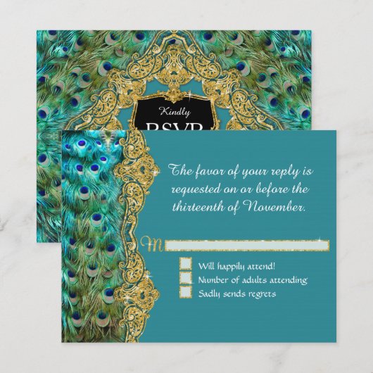 Art Deco Peacock Glam Old Hollywood Wedding RSVP (Voorkant / Achterkant)
