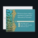 Art Deco Peacock Glam Old Hollywood Wedding RSVP Kaartje<br><div class="desc">Diepe blauwgroen pauw blauwe versie die overeenkomt met de RSVP Response Kaart. Dit bruiloft collectie werd geïnspireerd door Old Hollywood en haar glam-tijdperk. Een klassiek, mooi ronddraaiend schuitje bloeit in rijk blauwgroen en aqua en maakt deel uit van een collage achtergrond die de eenzame pauw, die over zijn schouder naar...</div>
