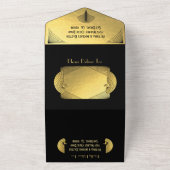 Art Deco Peacock Gold & Black Bruiloft Receptie All In One Uitnodiging (Buitenkant)