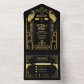 Art Deco Peacock Gold & Black Bruiloft Receptie All In One Uitnodiging (Binnen)