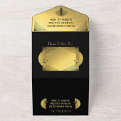 Art Deco Peacock Gold & Black bruiloft uitnodiging (Buitenkant)