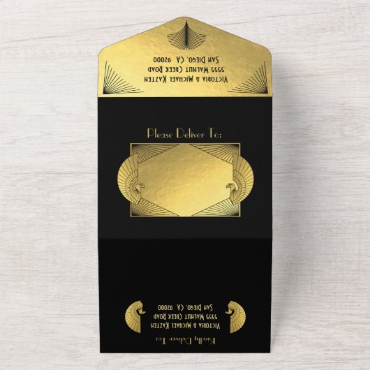 Art Deco Peacock Gold & Black bruiloft uitnodiging (Buitenkant)