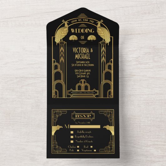 Art Deco Peacock Gold & Black bruiloft uitnodiging (Binnen)