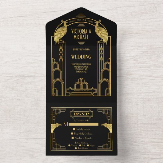 Art Deco Peacock Gold & Black Roaring 20-partij All In One Uitnodiging (Binnen)
