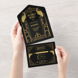 Art Deco Peacock Gold & Black Roaring 20-partij All In One Uitnodiging