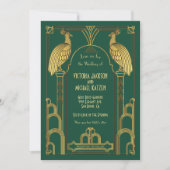 Art Deco Peacock Gold & Black Wedding Invitation Kaart (Voorkant)