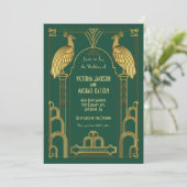 Art Deco Peacock Gold & Black Wedding Invitation Kaart (Staand voorkant)