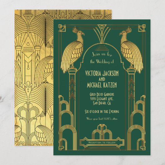 Art Deco Peacock Gold & Black Wedding Invitation Kaart (Voorkant / Achterkant)