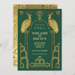 Art Deco Peacock Gold & Black Wedding Invitation Kaart<br><div class="desc">Mooie Faux gouden folie en zwarte Art Deco Nouveau Roaring 20's Wedding-uitnodigingen met pauzes op een donkere groene achtergrond. Geweldig voor een Great Gatsby,  een verbod,  een praatje of het evenement van 1920! Alle formuleringen kunnen worden aangepast aan uw behoefte. Overeenkomend object hier!</div>