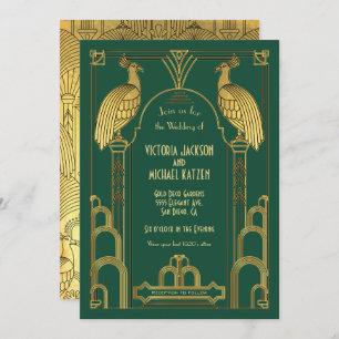 Art Deco Peacock Gold & Black Wedding Invitation Kaart