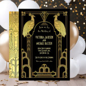 Art Deco Peacock Gold & Black Wedding Invitation Kaart