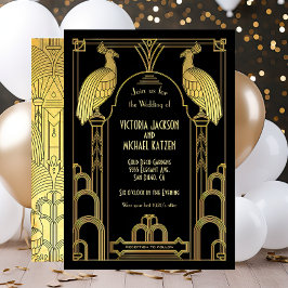 Art Deco Peacock Gold & Black Wedding Invitation Kaart